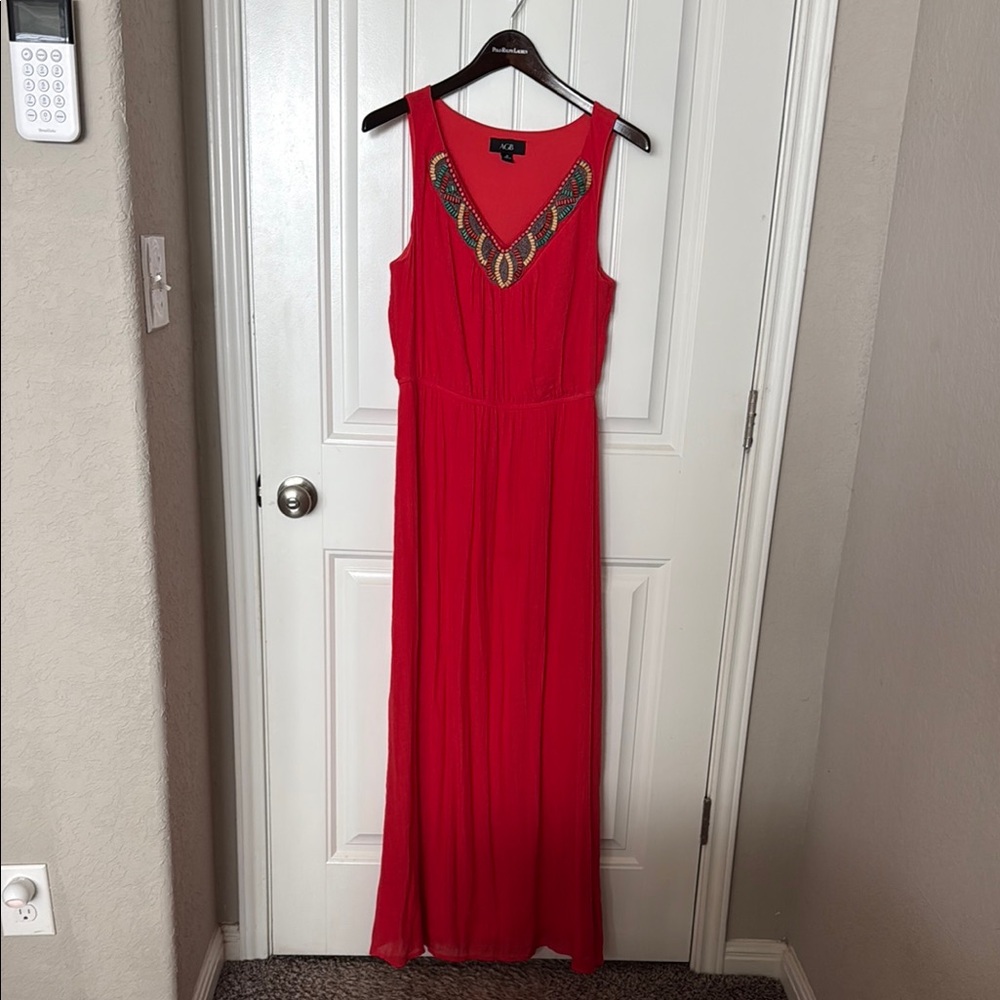 AGB Red Ruched Halter Maxi Dress